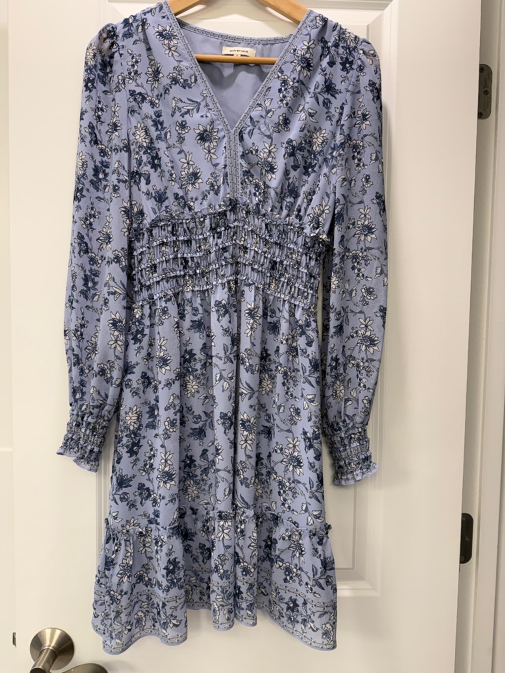 Max Studio Blue Floral Smocked-Waist Long Sleeve Dress
